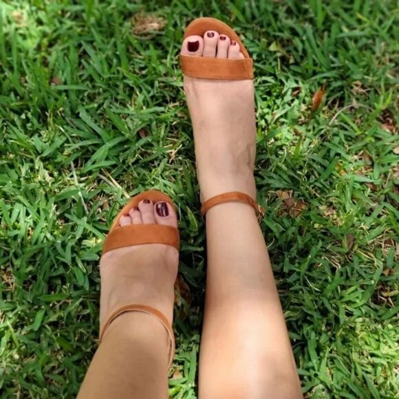 Tan Suede Ankle Strap Block Heel Dress Sandals - Picture 11 of 11